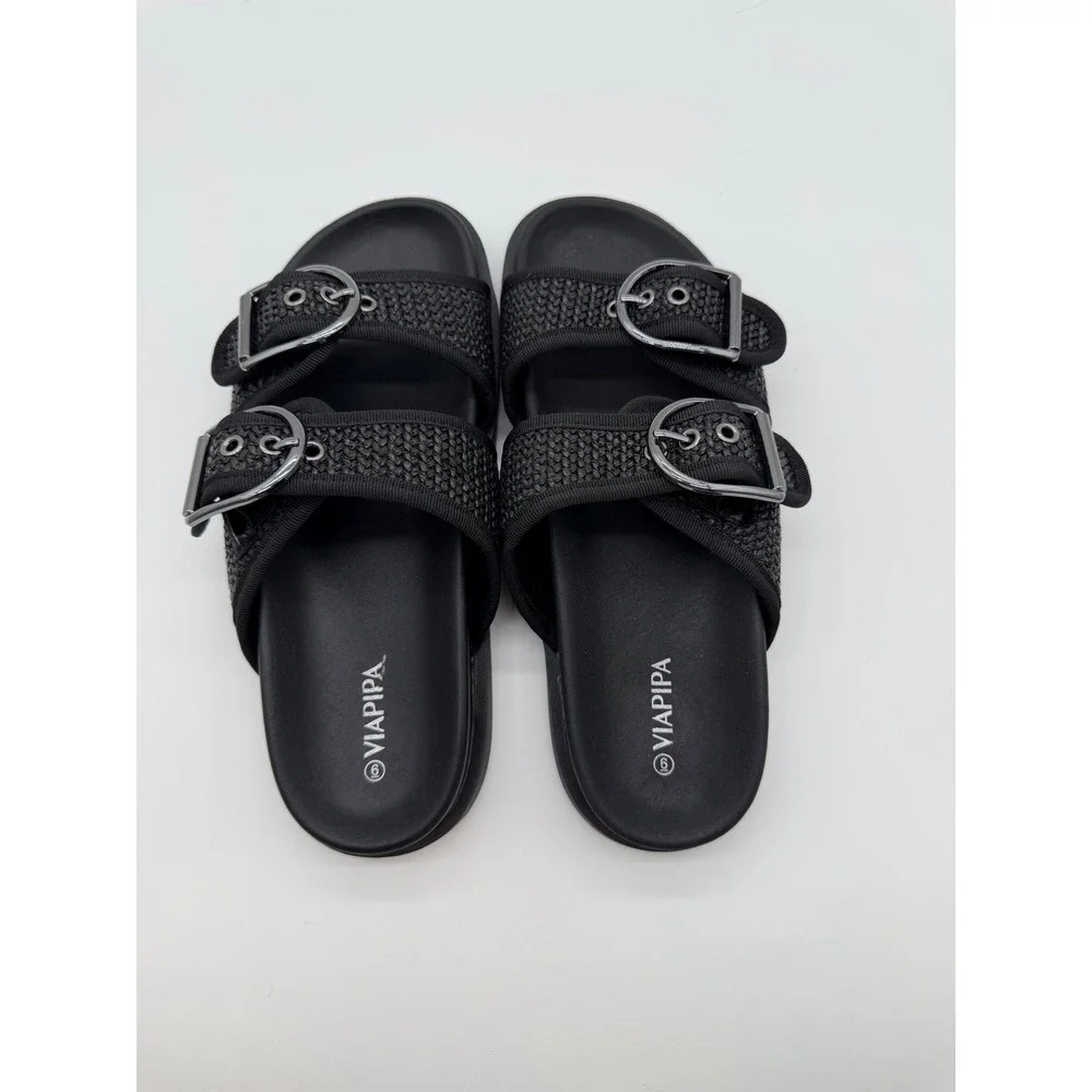 ViaPipa Womens Black Raffia Double Strap Buckle‎ Slide Sandals Size 6